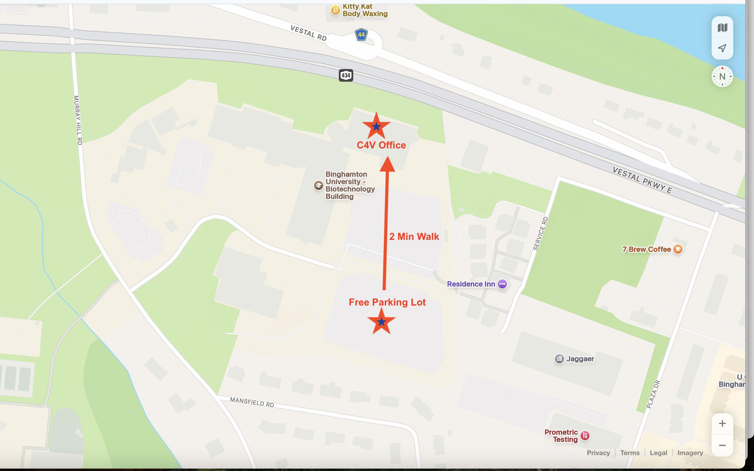 Map of 85 Murray Hill Rd showing the C4V Office location and the recommended free parking lot directly south, near the Residence Inn.